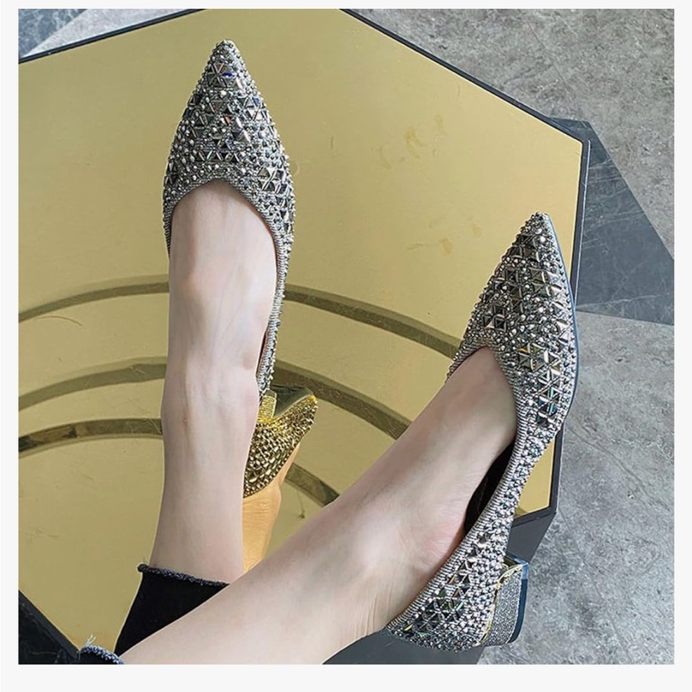 Women’s rhinestone pointed toe chunky heel pumps - Picture 6 of 6